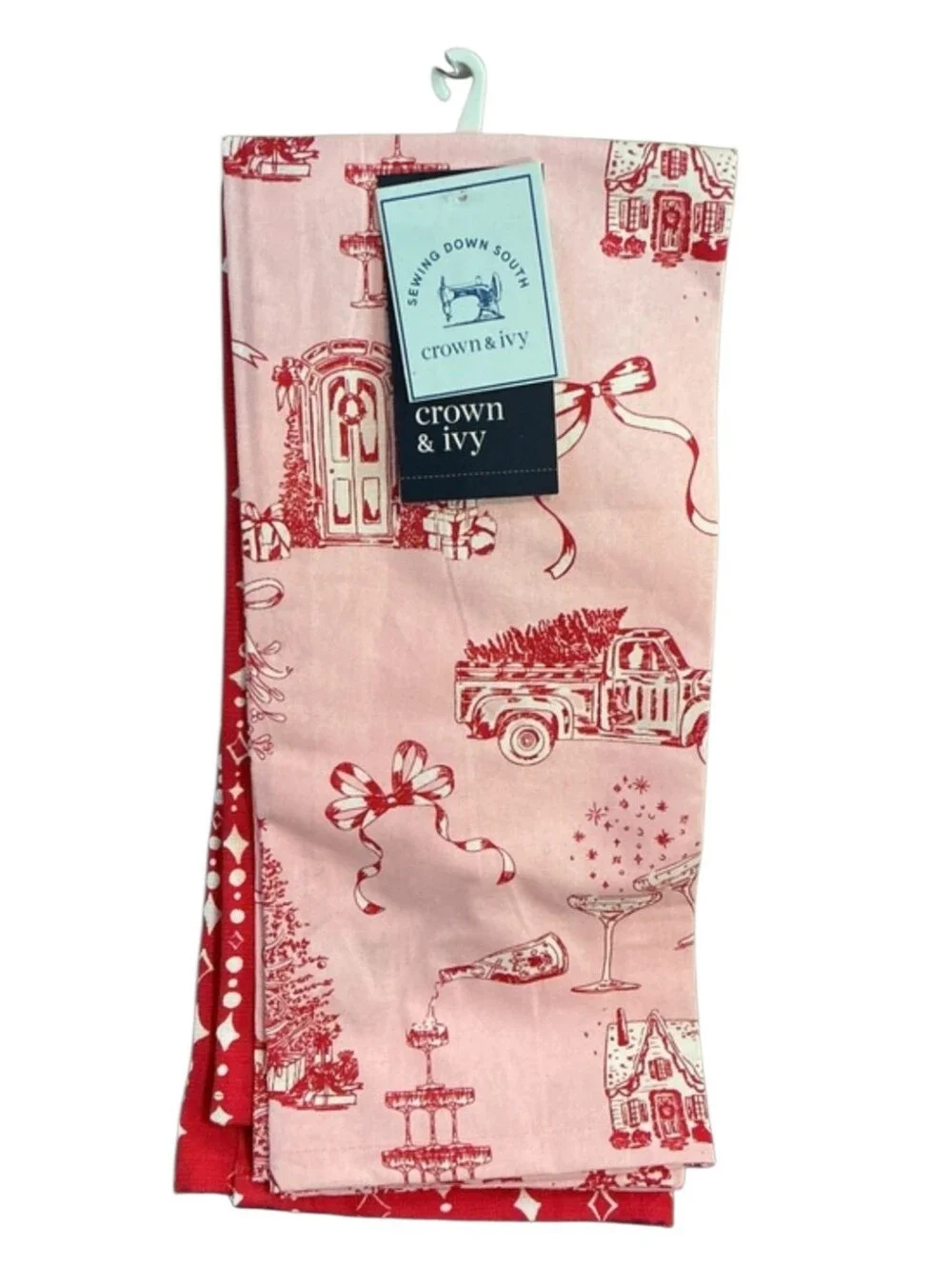 Crown & Ivy Pink and Red Holiday Print Kitchen Towels